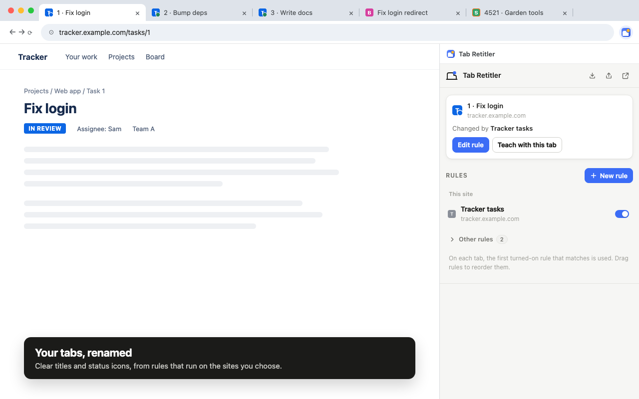 Renamed tabs with status dots, and the Tab Retitler side panel